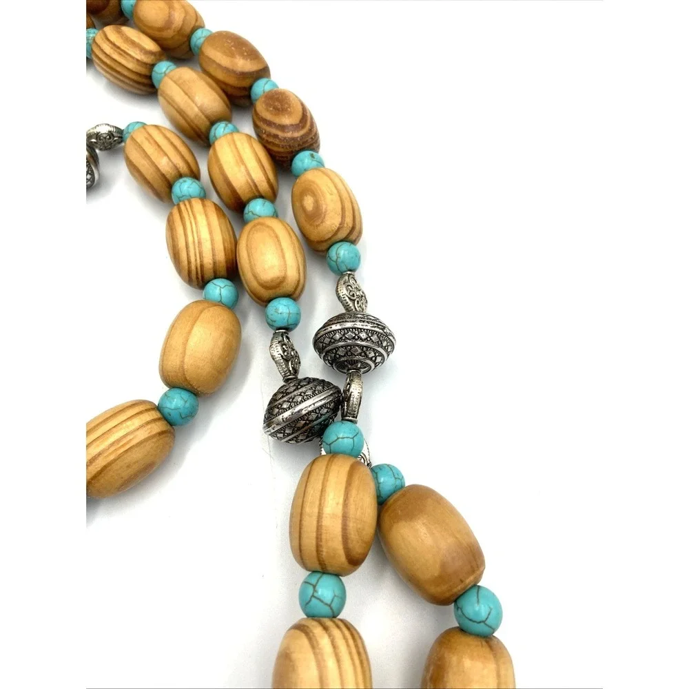 Rosary Wood & Metal Crucifix Cross Silver Toned & Turquoise Colored Beads 32